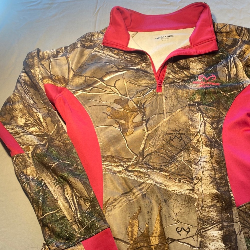 Realtree Camo Pink Zip Up Long Sleeve Athletic Shirt‎ Women's Medium Thumbholes